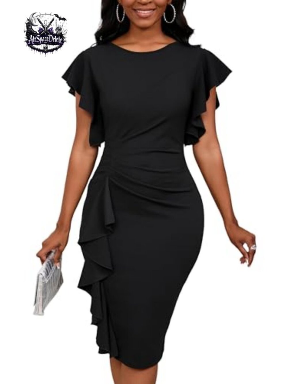 Women's Ruffle Sleeve Midi Dress Vintage Bodycon Pencil Work Church
